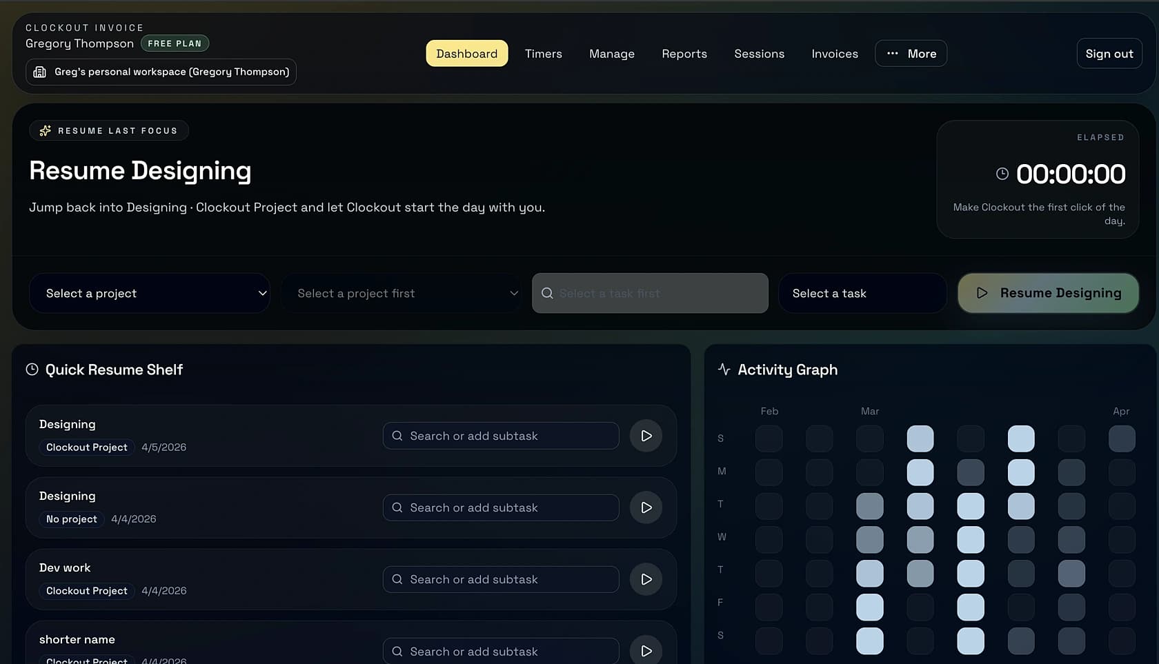 Clockout dashboard showing resume last focus, quick resume shelf, and an activity graph.